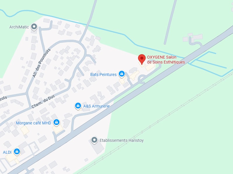OXYGENE Salon de Soins Esthétiques : Plan d'accès local Carte montrant OXYGENE Salon, Bats Peintures et commerces sur le Chemin du Duc et l'Allée des Pountrots.